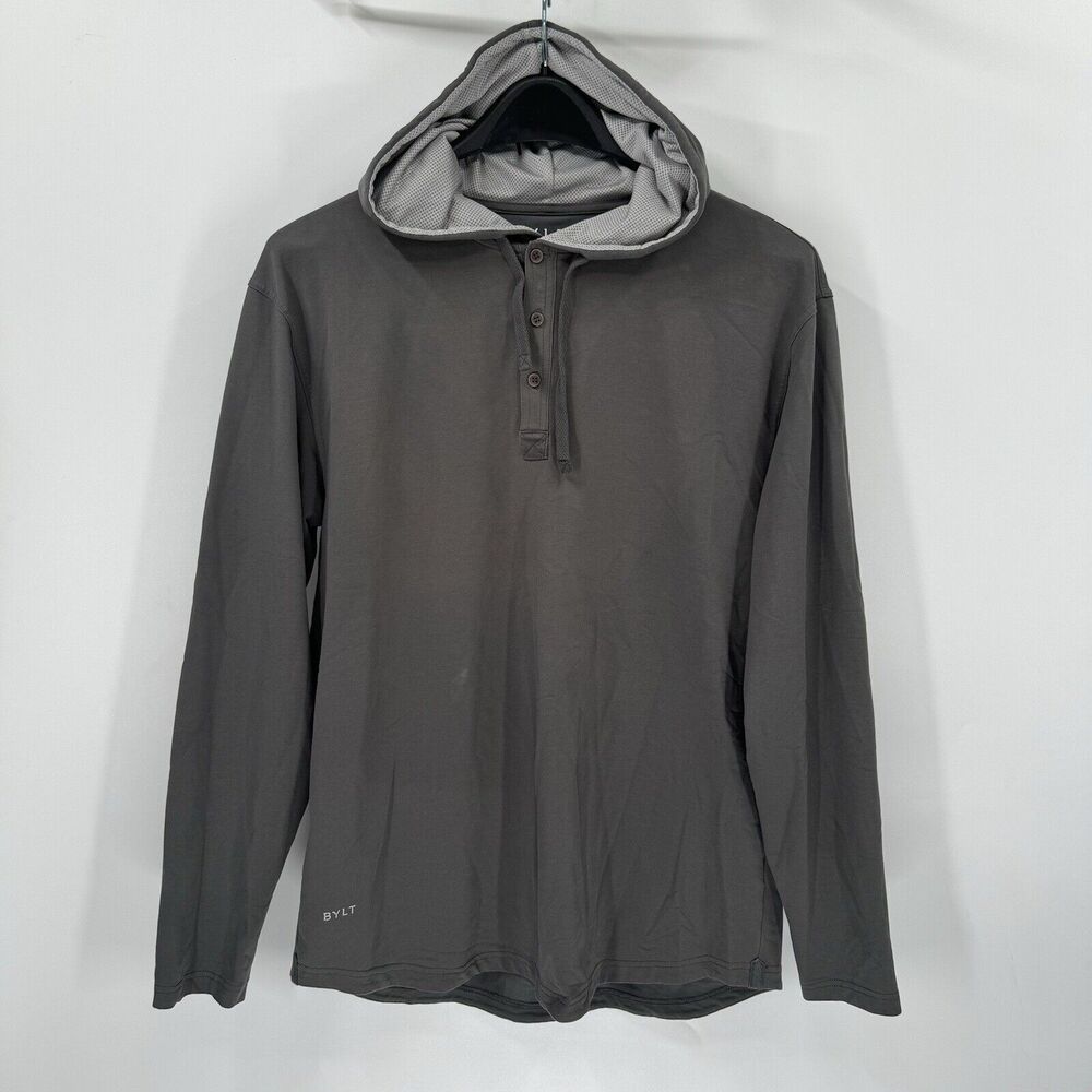 Bylt Mens XL Hoodie Drop Cut Hooded Henley Lux Sweatshirt Performance Gym Gray